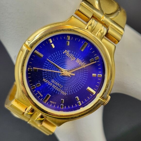 Phillip Wells Watch Gold Band Cobalt Face New Battery Elegant - Picture 2 of 9
